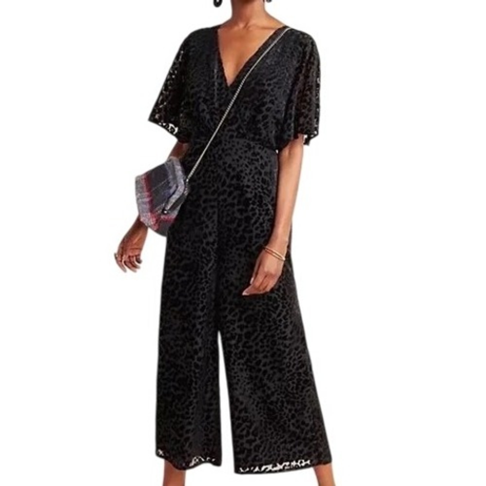 Greylin Jumpsuit Petite Black Velvet Leopard Print V-Neck Party Size Small
